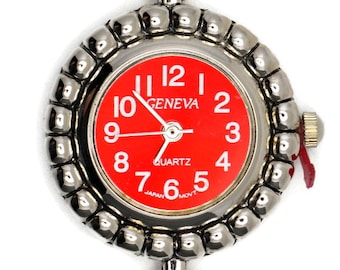 Red Dial Silvertone Bumpy Round Watch Face • DIY Beading Watch • Jewelry Making • Analog • Loops and Battery Included