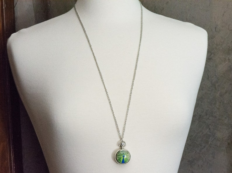May include: A silver chain necklace with a round pendant featuring a peacock design in green and blue colours.