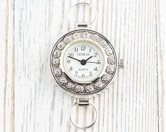 Reloj redondo plateado con esfera blanca Dandelion • Reloj para manualidades con cuentas • Creación de joyas • Analógico • Incluye bucles y batería