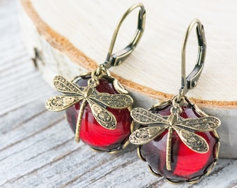 Ruby Red Brass Dragonfly Lever Back Earrings / Vintage Swarovski / Handmade Nature Inspired Jewelry