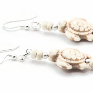 Turtle Sterling Silver Drop Earrings, White Stone, Summer Jewelry image 1