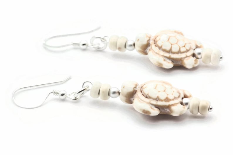 Turtle Sterling Silver Drop Earrings, White Stone, Summer Jewelry image 1