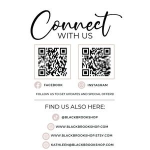 Może przedstawiać: Połącz się z nami w mediach społecznościowych. Zeskanuj kody QR dla Facebooka i Instagrama. Znajdź nas r&oacute;wnież tutaj: @BLACKBROOKSHOP, WWW.BLACKBROOKSHOP.COM, WWW.BLACKBROOKSHOP.ETSY.COM, KATHLEEN@BLACKBROOKSHOP.COM