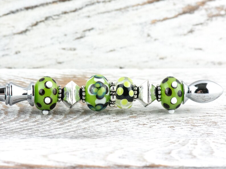 Green and Silver Glass Beaded Silver Letter Opener • Paper Knife • Desk Accessory image 1