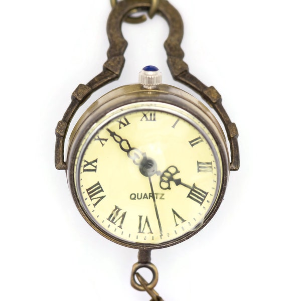 Collier montre globe, chiffres romains, montre collier long, montre bronze, montre femme, pendentif montre unique, pendentif pompon