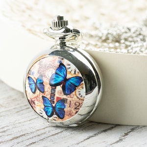 Butterfly Print Porcelain Pocket Watch Long Necklace / Unique Watches / Nature Inspired Jewelry