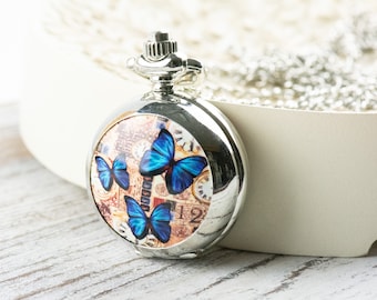 Butterfly Print porselein zakhorloge lange ketting / unieke horloges / natuur geïnspireerde sieraden