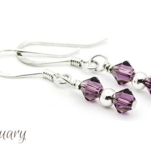 February Amethyst Swarovski Crystal Birth Month Sterling Silver Drop Earrings