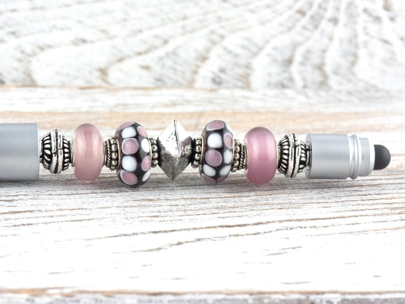 Lilac Love Beaded Silver Stylus Pen • Lampwork Glass Beads • Metal Ballpoint image 1