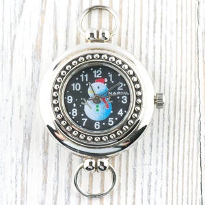 Watch Face, White Snowman, Round Silvertone, Black Face, Christmas Watch Face