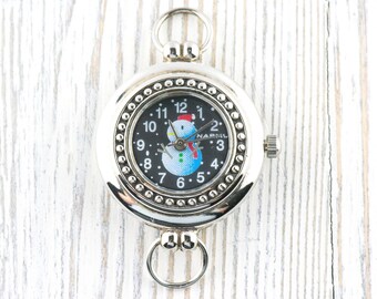 Watch Face, White Snowman, Round Silvertone, Black Face, Christmas Watch Face