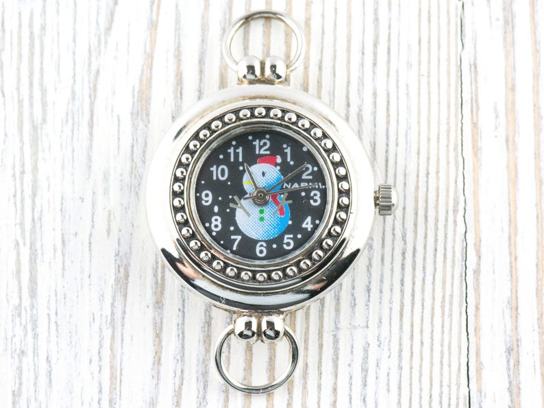 Watch Face, White Snowman, Round Silvertone, Black Face, Christmas Watch Face image 1
