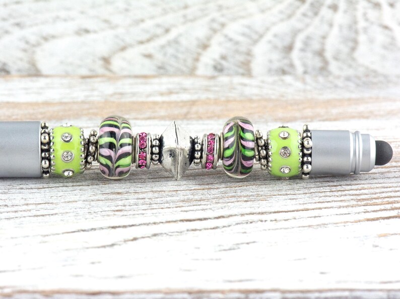 Lime und Pink Lemonade Perlen Silber Stylus Pen • Lampwork Glasperlen • Metall Kugelschreiber Bild 1