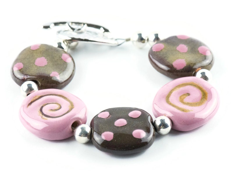 Strawberry Chocolate Polka Dot Ceramic Bead Bracelet / Kazuri Bead / Unique Jewelry image 4