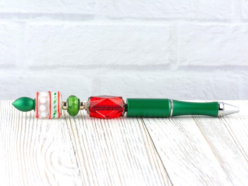 Red and Green Christmas Beaded Metal Ballpoint Pen with Lampwork Glass Beads • Black Ink (Extra Refill) image 7