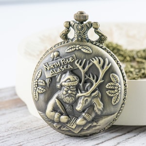North Pole Santa Bronze Pocket Watch Long Necklace / Unique Watches / Christmas Jewelry / Large Pocket Watch