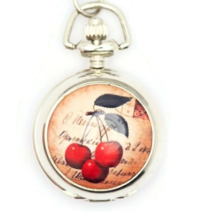 Cherries Print Porcelain, Silvertone Pocket Watch Necklace, Chain Necklace Watch, Long Necklace Watch, Watch Locket Necklace