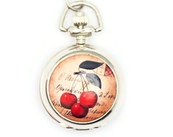 Kirschen Druck Porzellan, Silberfarbene Taschenuhr Halskette, Ketten Halskette Uhr, Lange Halskette Uhr, Uhr Locket Halskette