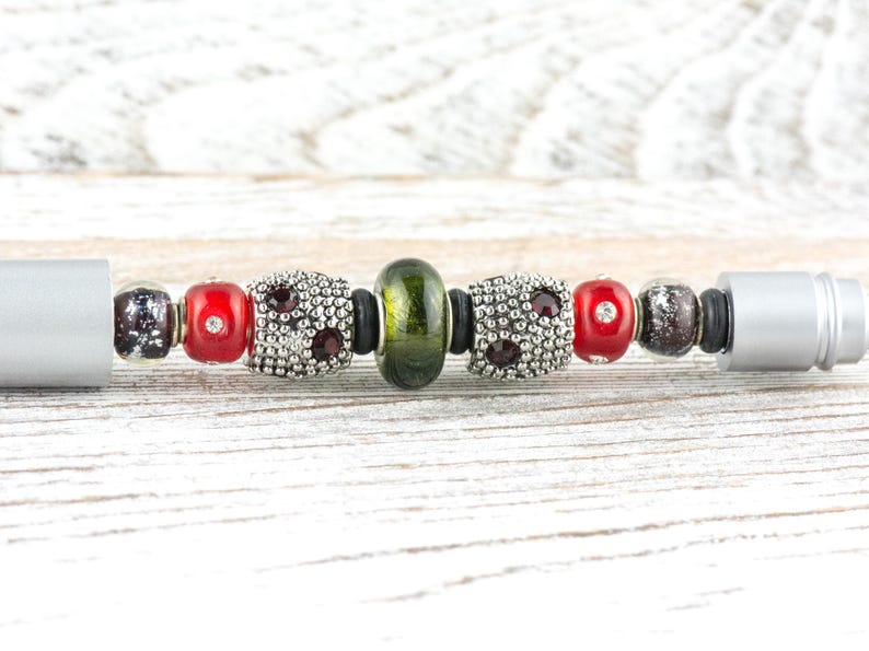 Vintage Christmas Beaded Silver Stylus Pen • Lampwork Glass Beads • Metal Ballpoint image 1