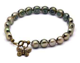 Brass Butterfly Bracelet, Freshwater Pearl Beaded Bracelet, Olive Pearl Bracelet, Pearl Bracelet Band, Butterfly Bracelet
