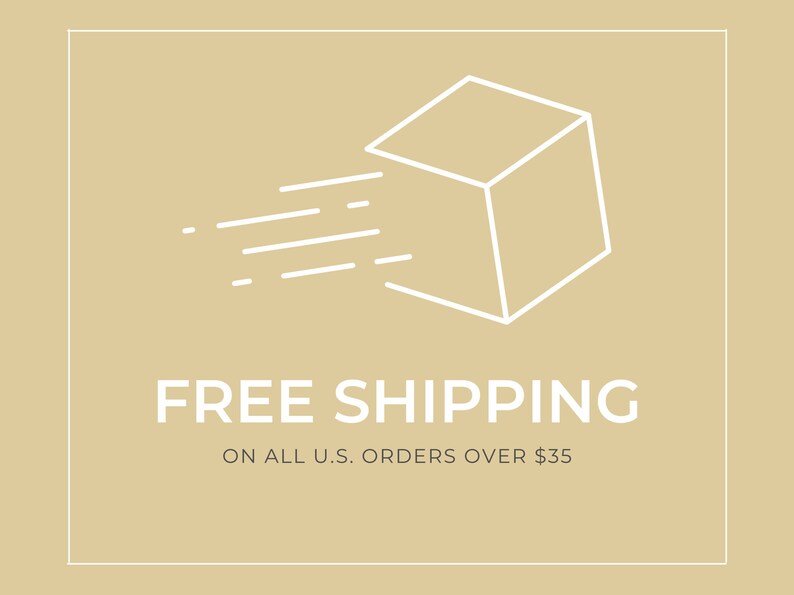 Puede incluir: Un dibujo de l&iacute;nea blanca de una caja con una l&iacute;nea diagonal que la atraviesa, simbolizando un env&iacute;o r&aacute;pido. El texto "FREE SHIPPING" est&aacute; debajo de la caja, y el texto "ON ALL U.S. ORDERS OVER $35" est&aacute; debajo de eso.