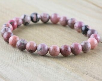 Rhodonite Smooth Round Beaded Stretch Bracelet, Simple Unisex Semi-Precious Stone Jewelry, Handmade Natural Gemstone Fashion Accessories