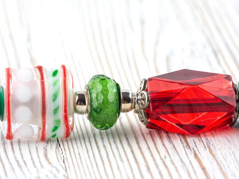 Red and Green Christmas Beaded Metal Ballpoint Pen with Lampwork Glass Beads • Black Ink (Extra Refill) image 1