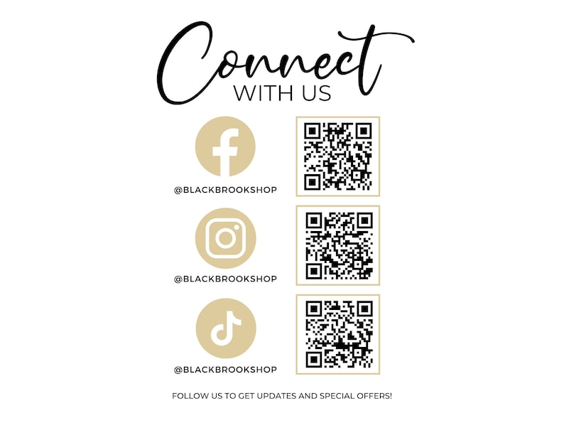 May include: Connect with us on social media. A graphic with icons for Facebook, Instagram, and TikTok, each with a corresponding QR code.