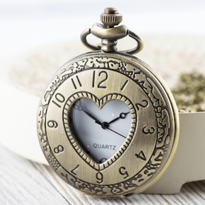 Heart Bronze Pocket Watch Long Necklace / Unique Watches / Nature Inspired Jewelry / Large Pocket Watch