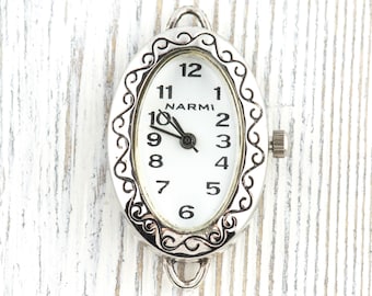 White Dial Silvertone Scroll Oval Watch Face • Loops Attached • DIY Beading Watch • Jewelry Making • Analog • Battery Included