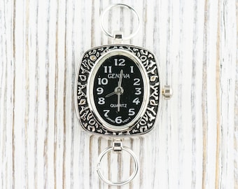 Black Dial Silvertone Oval Display Square Watch Face • DIY Beading Watch • Jewelry Making • Analog • Loops and Battery Included