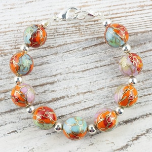 Cloisonne Round Orange Mix Interchangeable Stretch Beaded Watch Band / Medical ID Bracelet / Single Strand / Handmade Jewelry - S, M, XL