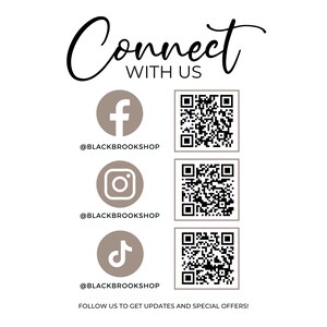 May include: A graphic with the text "Connect with us" and social media icons for Facebook, Instagram, and TikTok. Each icon has a corresponding QR code.