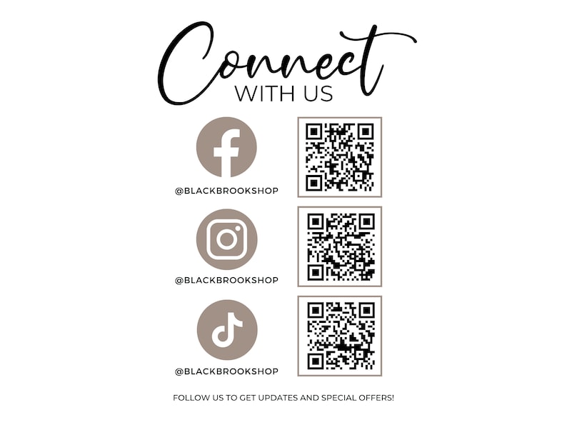 May include: A graphic with the text "Connect with us" and social media icons for Facebook, Instagram, and TikTok. Each icon has a corresponding QR code.