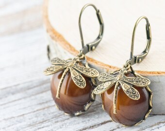 Tiger's Eye Brass Dragonfly Lever Back Earrings • Vintage Gemstone • Handmade Nature-Inspired Jewelry