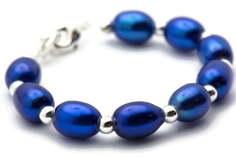Sapphire Blue Freshwater Pearl Watch Band, Medical ID Bracelet • Handmade Watch Band • Stretch Watch Band image 2