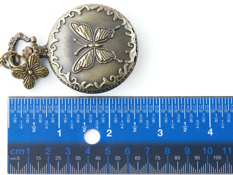 Fjärilsberlock i brons fickur långt halsband / Unika klockor / Naturinspirerade smycken / Stort fickur bild 5