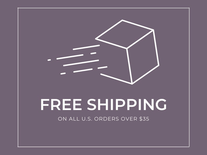 Puede incluir: Un dibujo de l&iacute;nea blanca de una caja con una l&iacute;nea diagonal que la atraviesa, simbolizando un env&iacute;o r&aacute;pido. El texto "FREE SHIPPING" est&aacute; debajo de la caja, y el texto "ON ALL U.S. ORDERS OVER $35" est&aacute; debajo de eso.