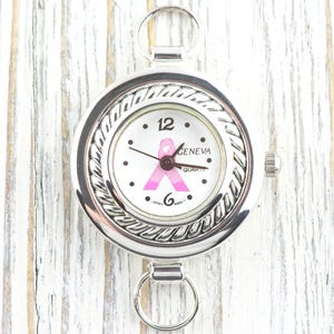 Pink Ribbon Silvertone Round Rope Frame Watch Face • White Dial • DIY Beading Watch • Jewelry Making • Analog • Loops and Battery Included image 1