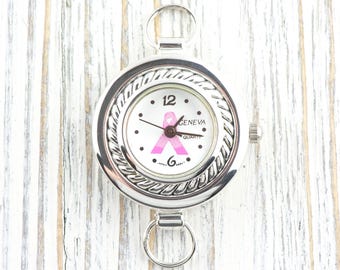 Pink Ribbon Silvertone Round Rope Frame Watch Face • White Dial • DIY Beading Watch • Jewelry Making • Analog • Loops and Battery Included