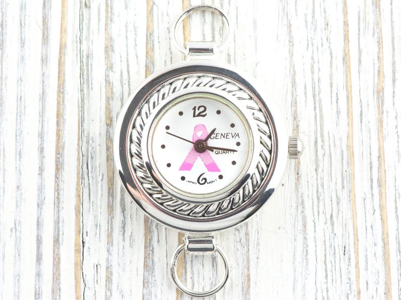 Pink Ribbon Silvertone Round Rope Frame Watch Face • White Dial • DIY Beading Watch • Jewelry Making • Analog • Loops and Battery Included image 1