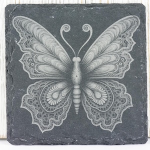 Butterfly #3 Black Slate Coaster • Laser Engraved Square Coasters • Rustic Home Decor • Housewarming Gift • Barware Coaster Set