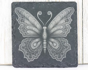 Laser Engraved Butterfly #3 Black Slate Square Coaster • Rustic Barware