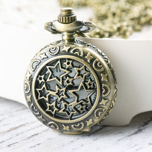 Stars Bronze Pocket Watch Long Necklace / Unique Watches / Nature Inspired Jewelry