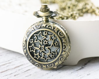 Stars Bronze Pocket Watch Long Necklace / Unique Watches / Nature Inspired Jewelry