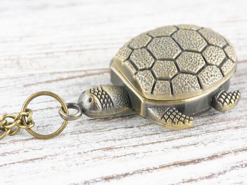 May include: A bronze turtle pendant with a chain. The turtle has a detailed shell and a textured surface.