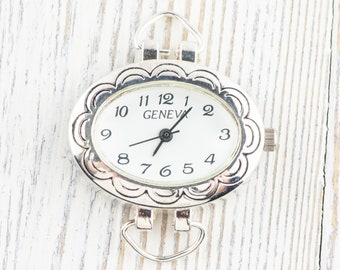 White Dial Silvertone Floral Oval Watch Face • DIY Beading Watch • Jewelry Making • Analog • Loops and Battery Included