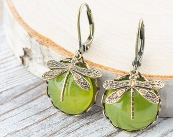 Taiwan Jade Brass Dragonfly Lever Back Earrings / Green Earrings / Handmade Nature Inspired Jewelry