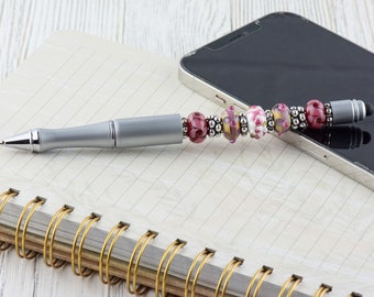 Pink Ribbon Breast Cancer Awareness Silver Stylus Pen, Fancy Beaded Metal Ballpoint Pen, Coworker Gift Idea