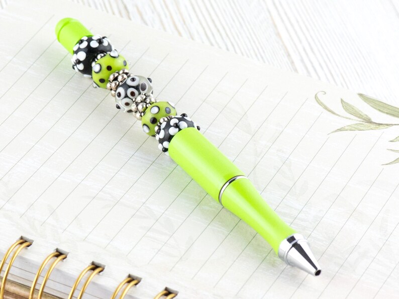 Lime Green Beaded Metal Ballpoint Pen with Lampwork Glass Beads image 3